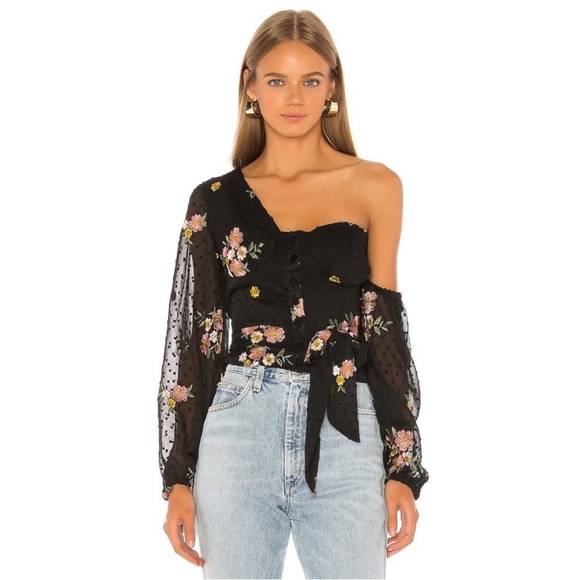 Majorelle Aileen Top in Black Dot Floral Off Shoulder Embroidered size Medium - Picture 1 of 9